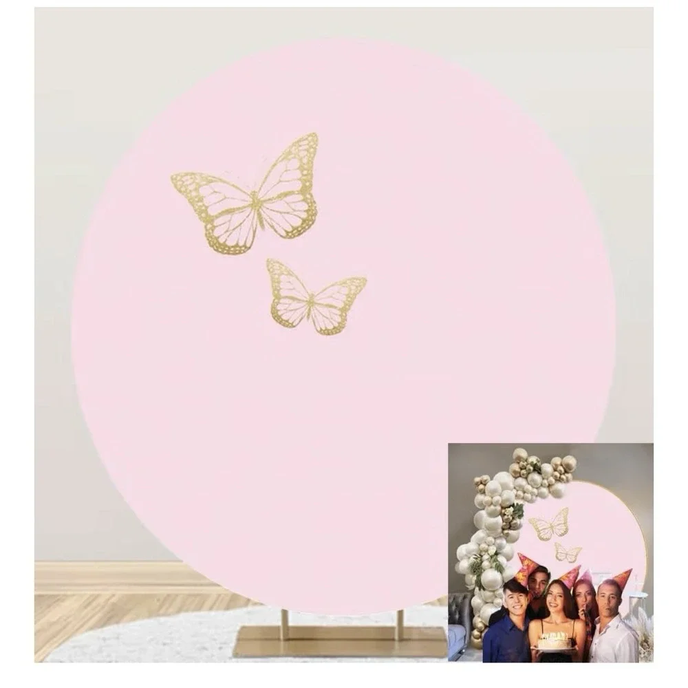 Round Pink Butterfly Flower Backdrop Girls Birthday Photography Background Decor